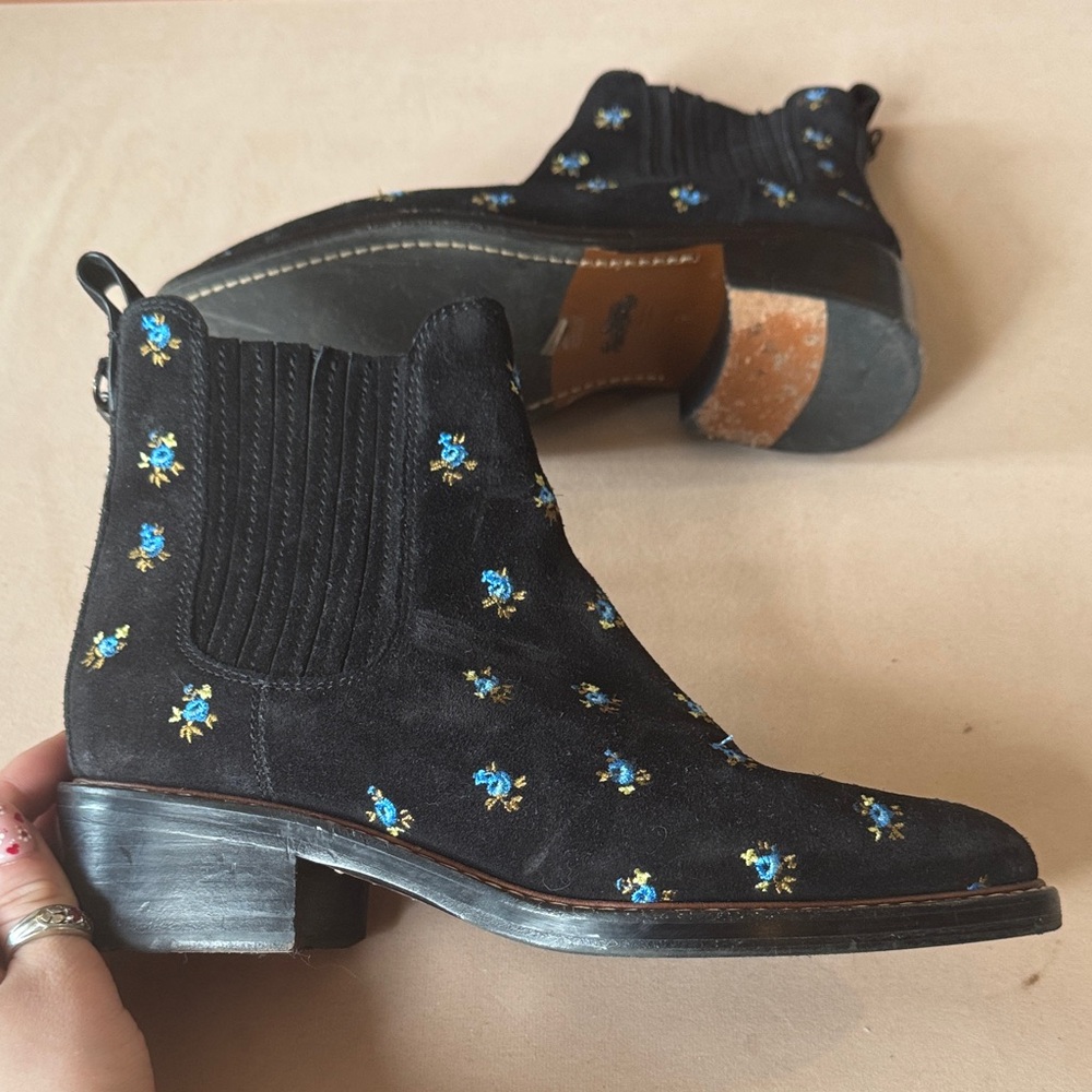 Coach Black Ankle Boots with Blue Floral Design